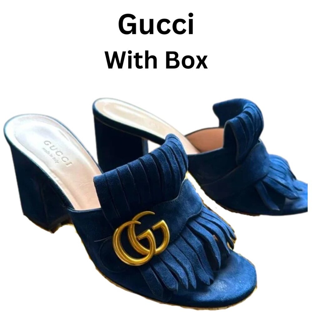 Gucci 36.5 with box, Navy blue suede loafer Slide heels w gold logo